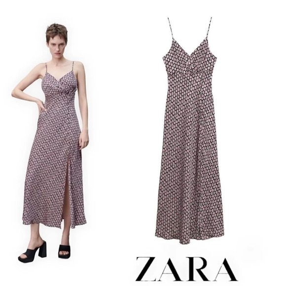 ZARA | Pink | FLORAL PRINT SLIP DRESS - Picture 1 of 8